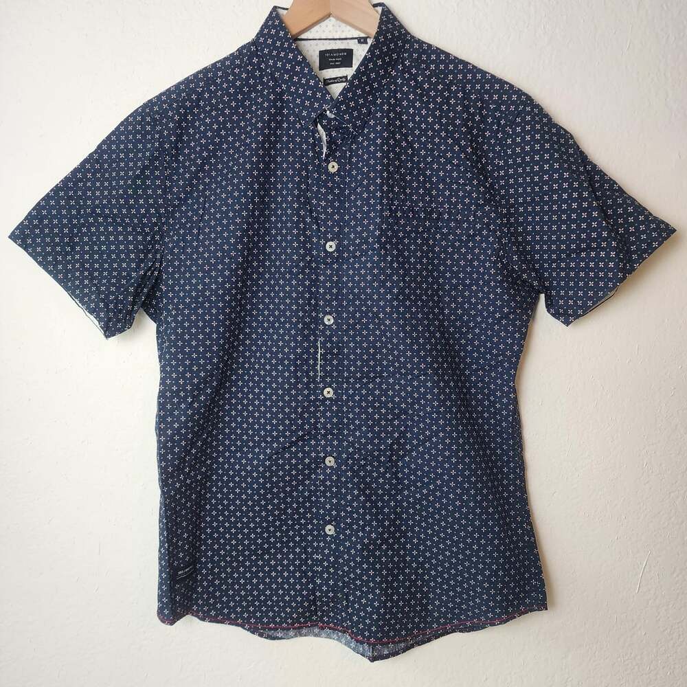 7 Diamonds Shirt Mens Medium Blue Floral Print Short Sleeve Button Up Casual